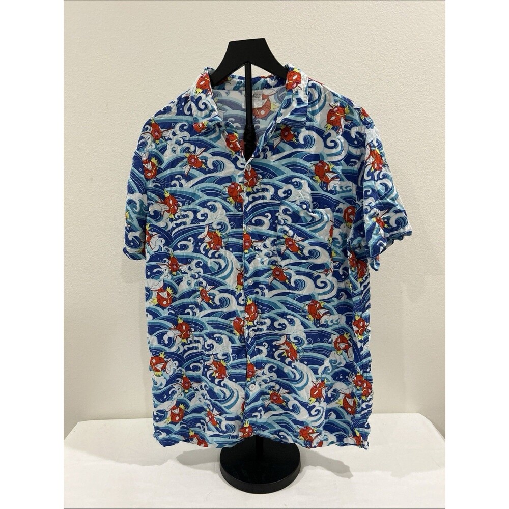 Pokemon Unisex Sz M Button Up Shirt Blue Graphic Magikarp Waves Hawaiian Shirt